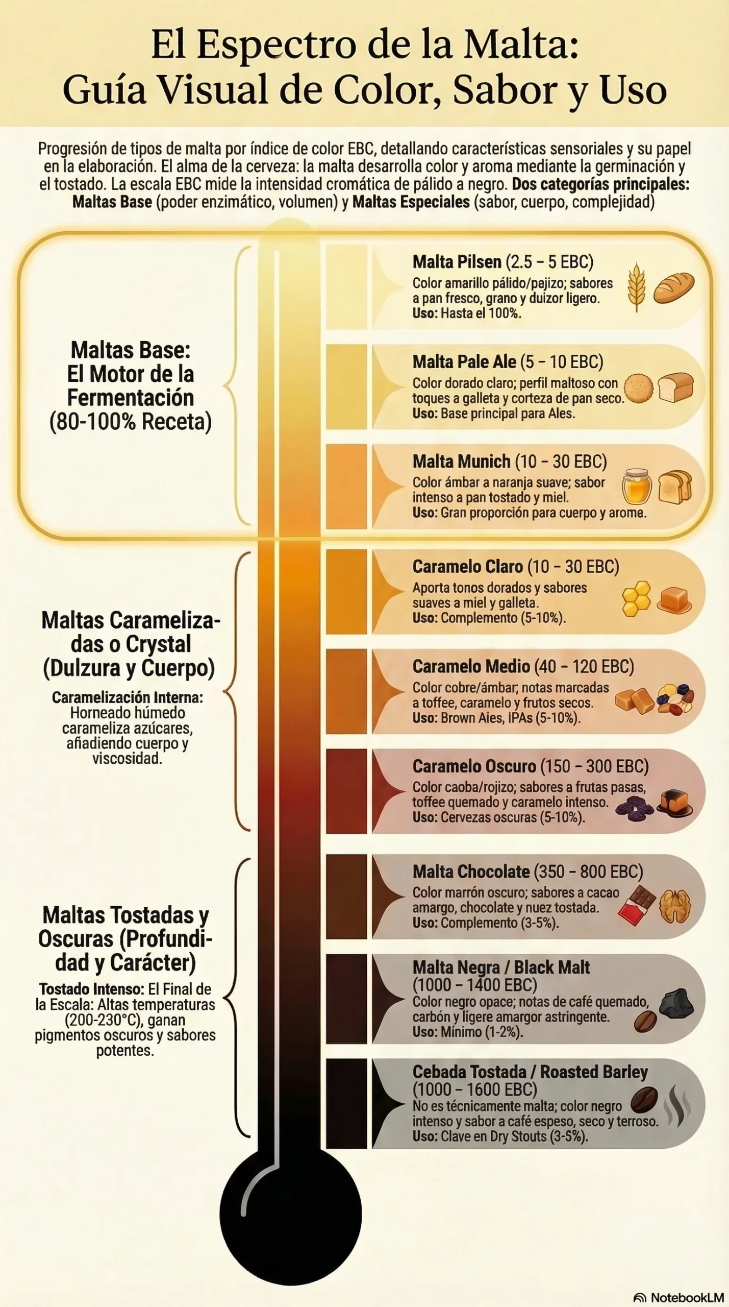 maltas cerveceras usadas para aportar color, cuerpo y sabor a distintos tipos de cerveza