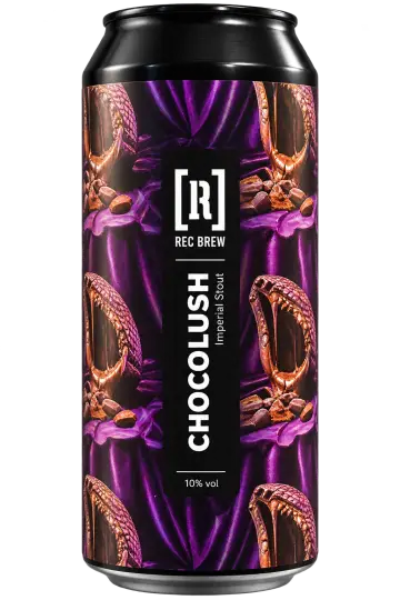 Lata de cerveza Rec Brew Chocolush Imperial Stout de 10 % con etiqueta morada de mazorcas de cacao