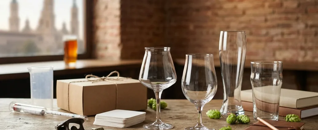 Regalos para cerveceros sobre una mesa de bar: copas TeKu, tulipa, de trigo y nonic, posavasos de cartón, caja de kit para hacer cerveza, abridor, libros y lúpulo
