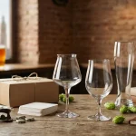 Regalos para cerveceros sobre una mesa de bar: copas TeKu, tulipa, de trigo y nonic, posavasos de cartón, caja de kit para hacer cerveza, abridor, libros y lúpulo